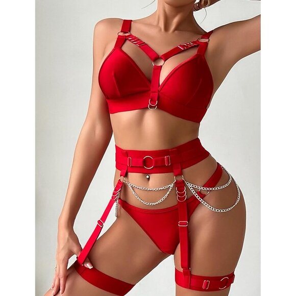 Women 1-red Naughty 5 Piecs Lace Garter Belt Bodydoll Lingerie Set With Chain - Picture 2 of 9